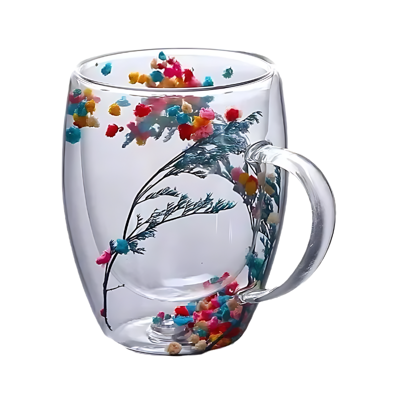 Double Wall Glass Coffee Mug with Real Dried Flowers – Insulated Cappuccino Cup for Hot & Cold Drinks, 10.5 oz Borosilicate Glass Tea Mug | Thomler