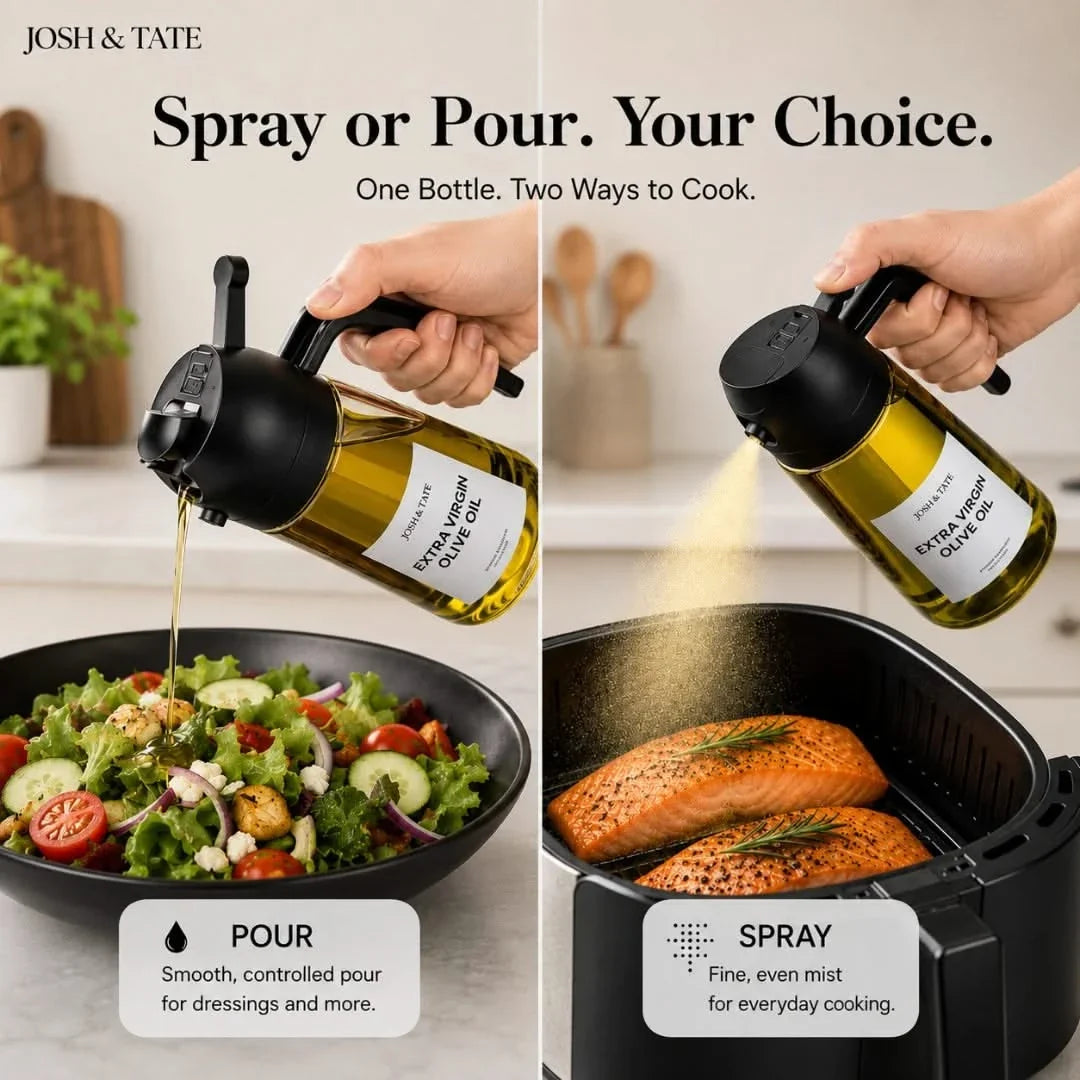 Dual-Mode Glass Oil & Vinegar Bottle with Self-Sealing Gravity Lid – Stream or Spray Kitchen Dispenser for Cooking, Grilling, Air Frying & | Thomler