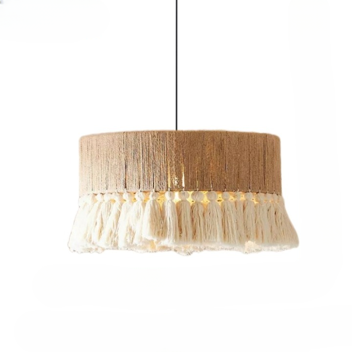 Pendant Light Hemp Rope 19.7 in Bohemian Beige Dining Room Bedroom Tassel Hanging Ceiling Lamp Woven Fabric Shade Ambient Lighting | Thomler