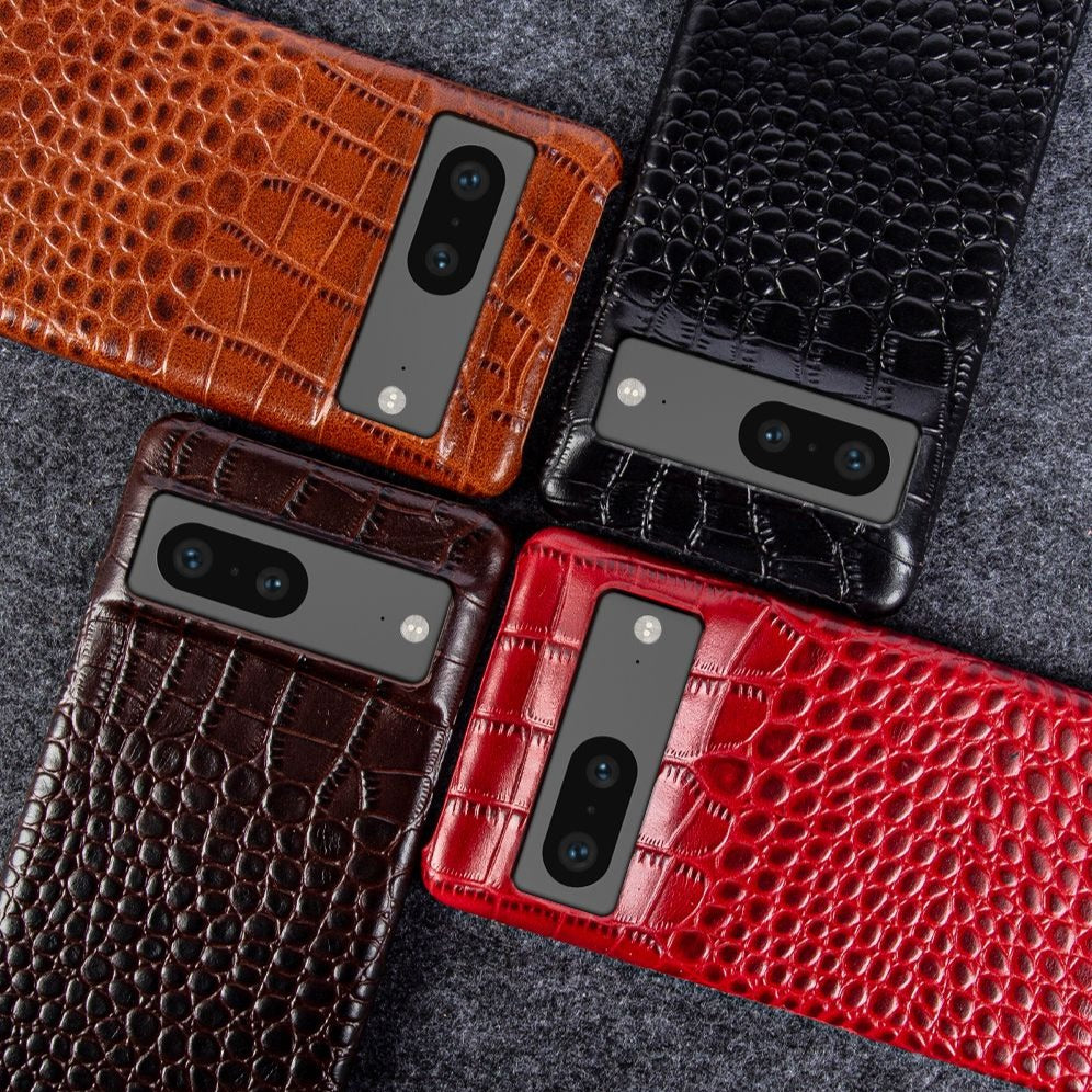 Genuine Leather Phone Case for Google Pixel – Textured Crocodile Grain Design with Raised Edges & Camera Protection | Thomler