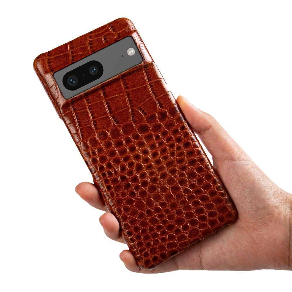 Genuine Leather Phone Case for Google Pixel – Textured Crocodile Grain Design with Raised Edges & Camera Protection | Thomler