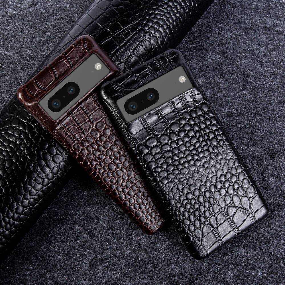 Genuine Leather Phone Case for Google Pixel – Textured Crocodile Grain Design with Raised Edges & Camera Protection | Thomler