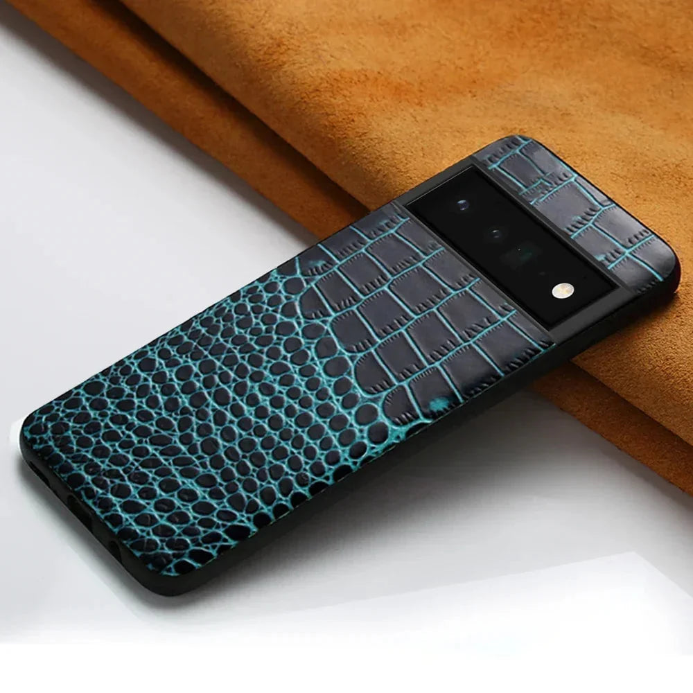 Genuine Leather Phone Case for Google Pixel – Textured Crocodile Grain Design with Raised Edges & Camera Protection | Thomler