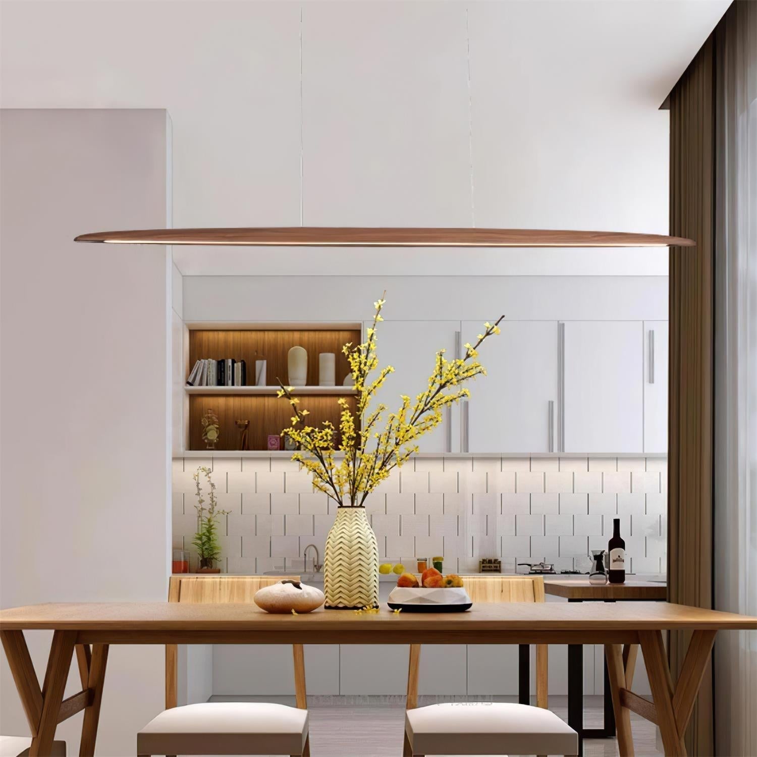 Pendant Light Wood Linear Integrated LED Warm White Dining Room Kitchen Island Hanging Ceiling Lamp Adjustable Suspension | Thomler
