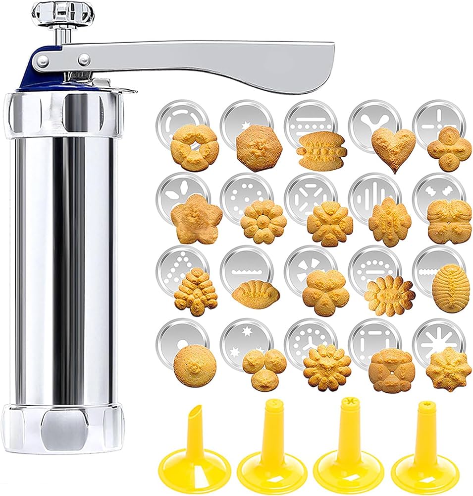 Cookie Press with 20 Shapes and 4 Nozzles Stainless Steel Dough Dispenser for Uniform Homemade Cookies Spritz Maker with Ergonomic Grip for | Thomler