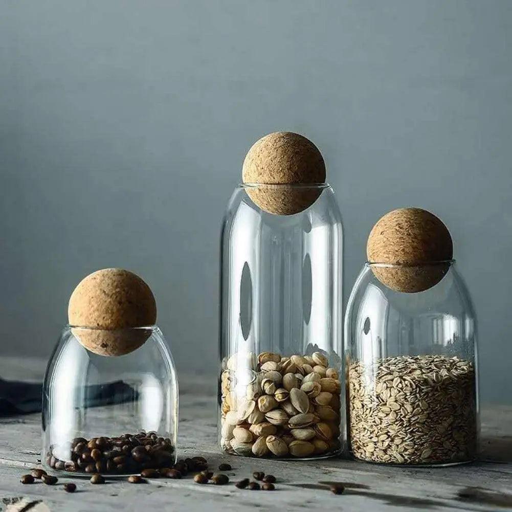 Glass Food Storage Jar Trio with Cork Lids for Kitchen Pantry Organization Dry Goods Flour Sugar Coffee Tea Spices | Thomler