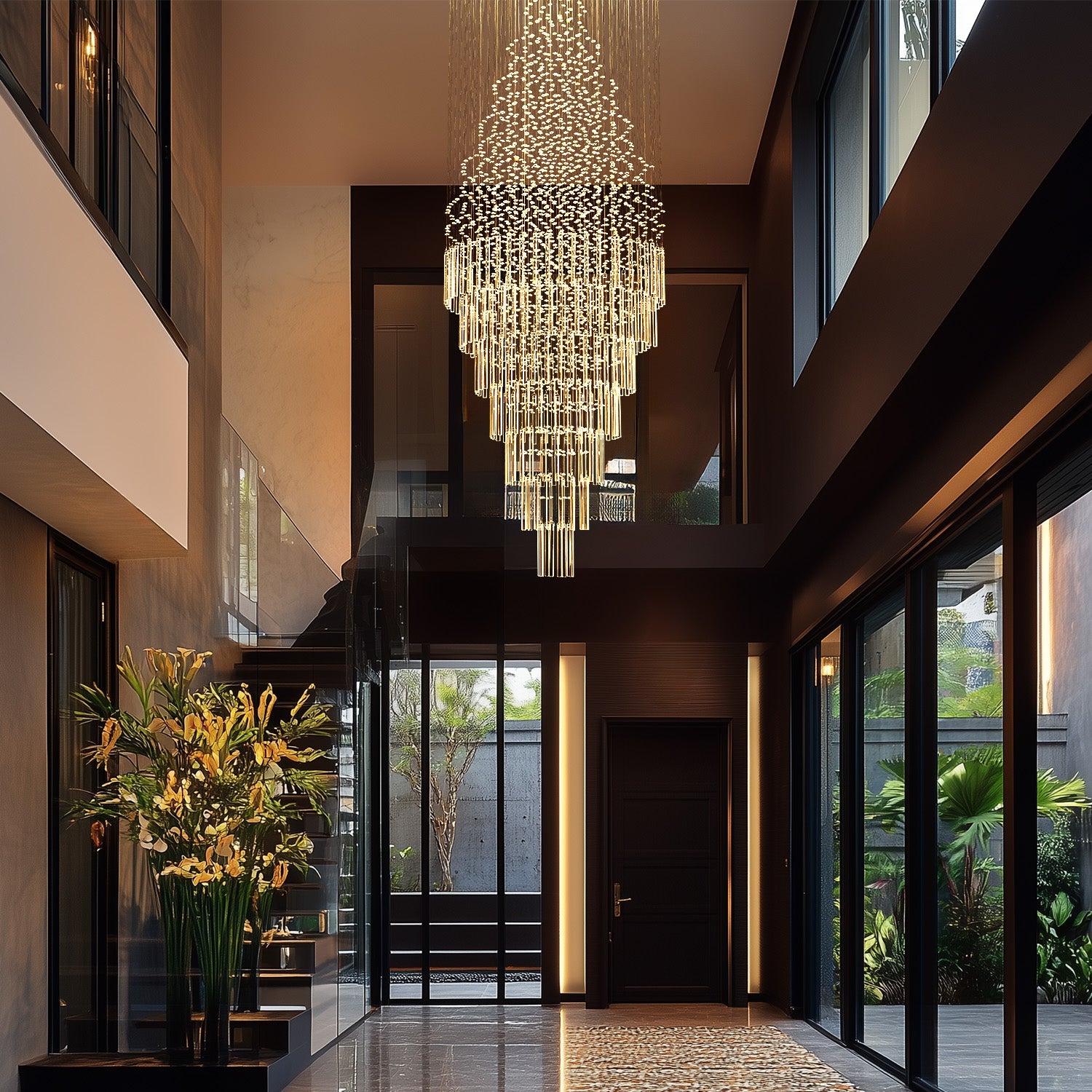Cascading Crystal Tiered Chandelier for Foyer & Staircase – Adjustable Height Statement Lighting Fixture | Thomler