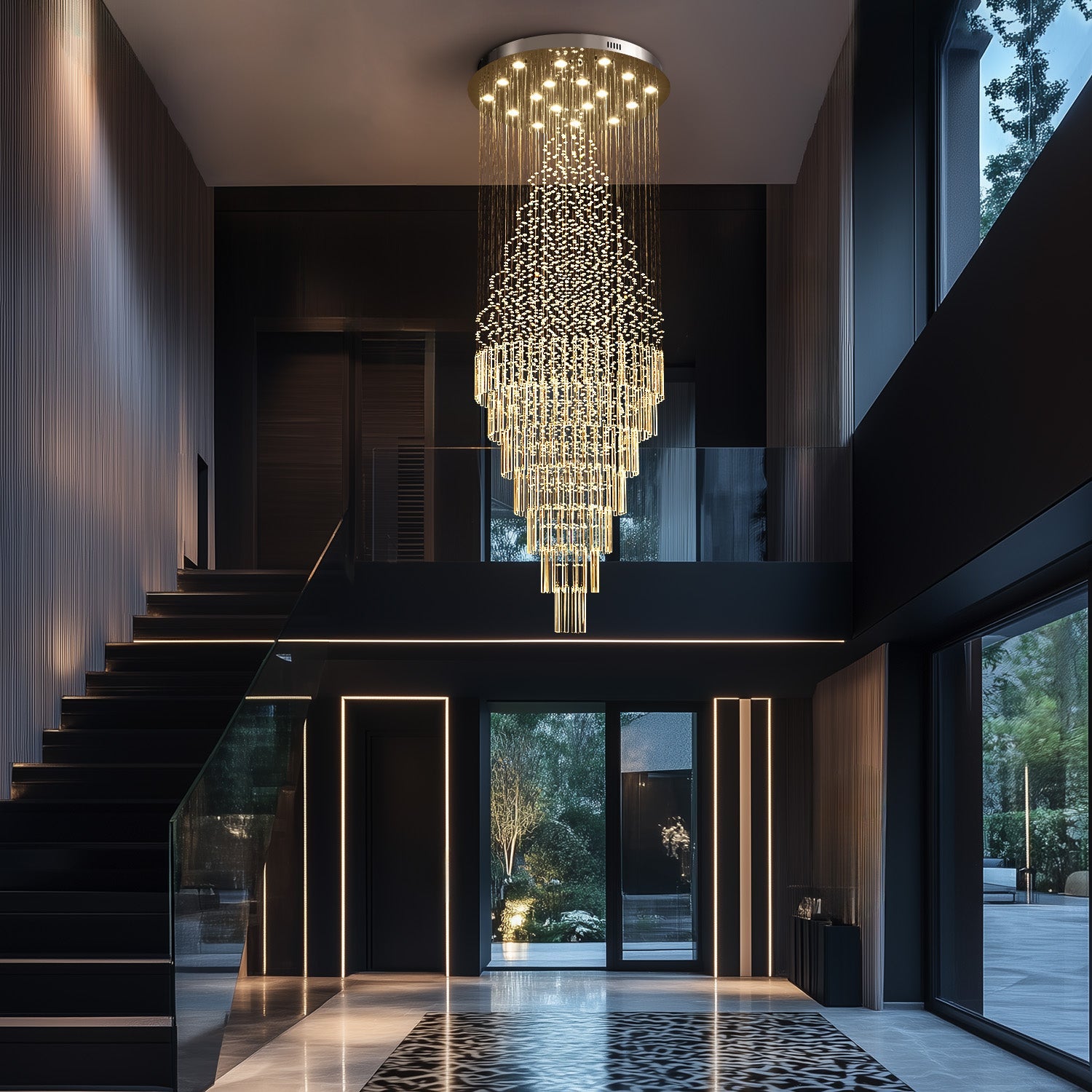 Cascading Crystal Tiered Chandelier for Foyer & Staircase – Adjustable Height Statement Lighting Fixture | Thomler