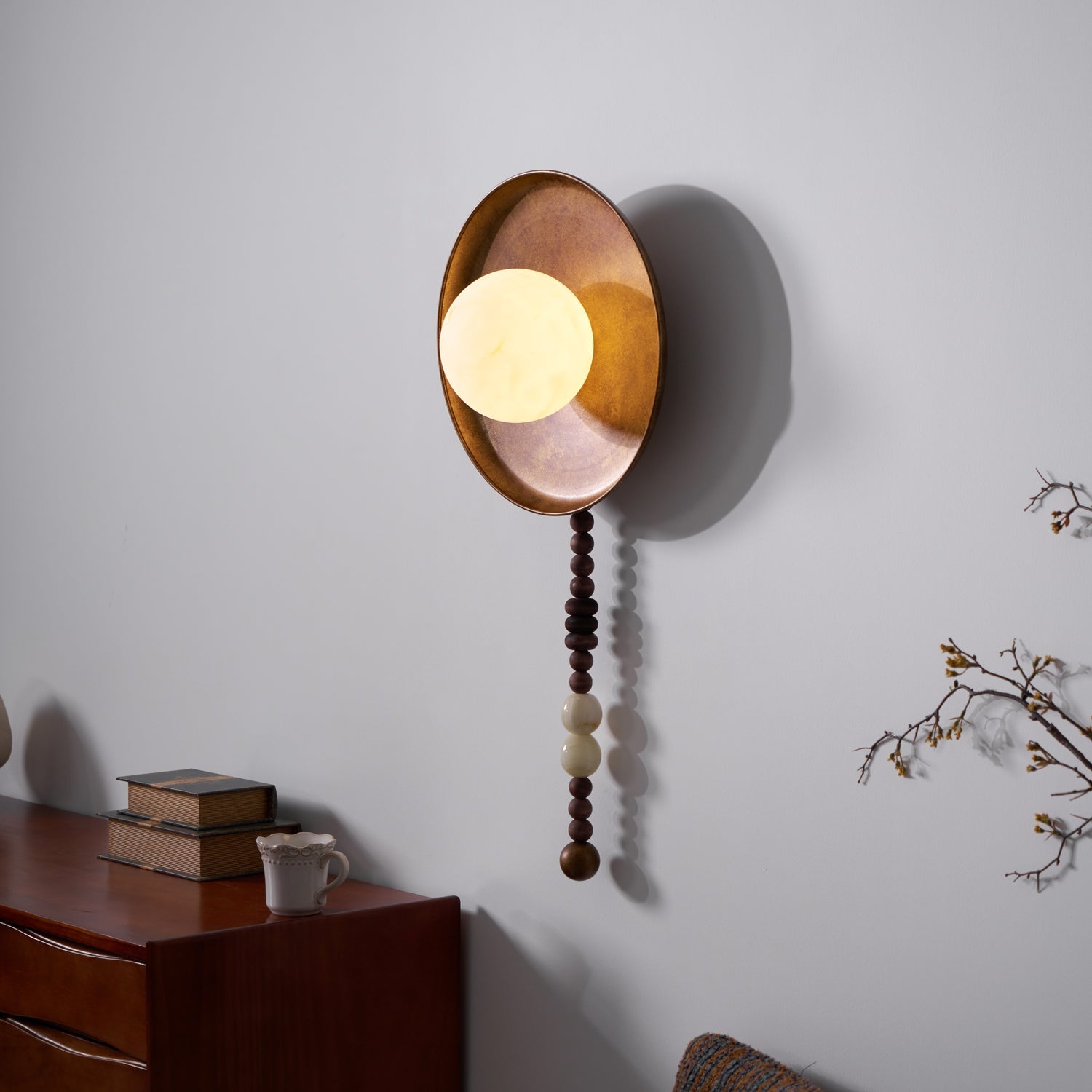 Handcrafted Glass Sconce with Bronze Metalwork and Wood Accents for Cozy Bedroom Hallway Living Room Ambient Fixture 10-Inch or 16-Inch Shad | Thomler
