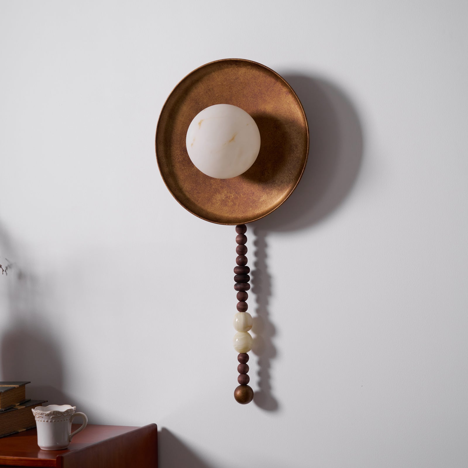 Handcrafted Glass Sconce with Bronze Metalwork and Wood Accents for Cozy Bedroom Hallway Living Room Ambient Fixture 10-Inch or 16-Inch Shad | Thomler
