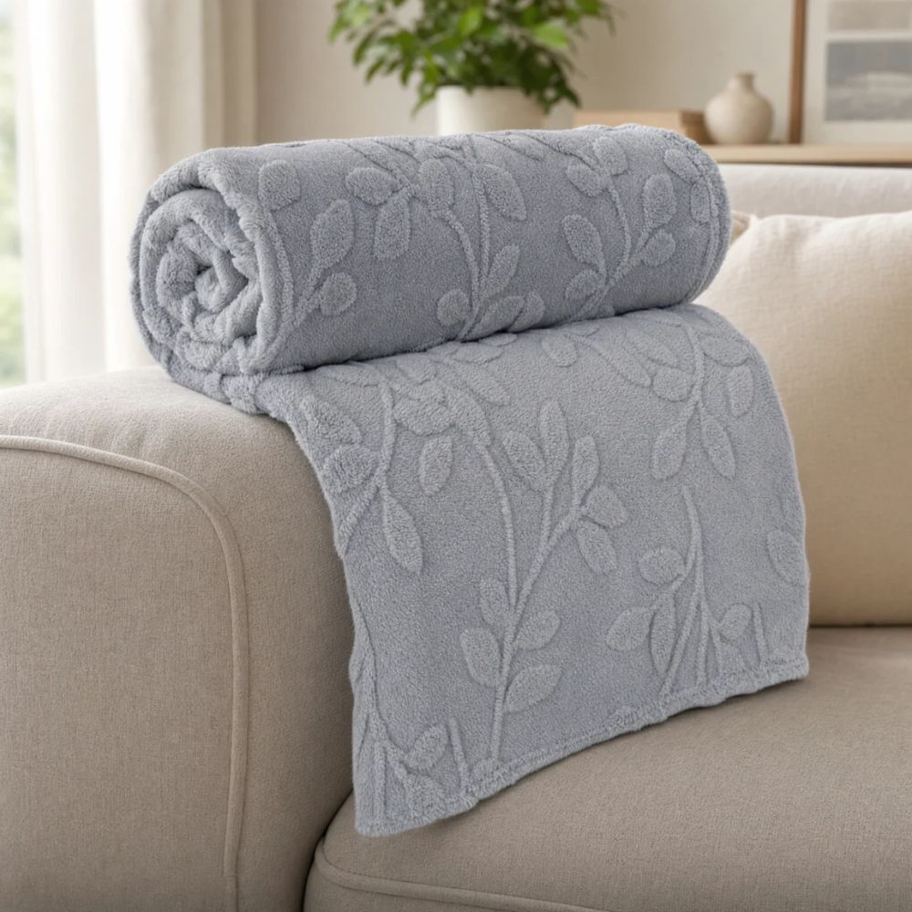 Reversible Sherpa Throw Blanket with Jacquard Botanical Pattern for Couch & Bed | Thomler