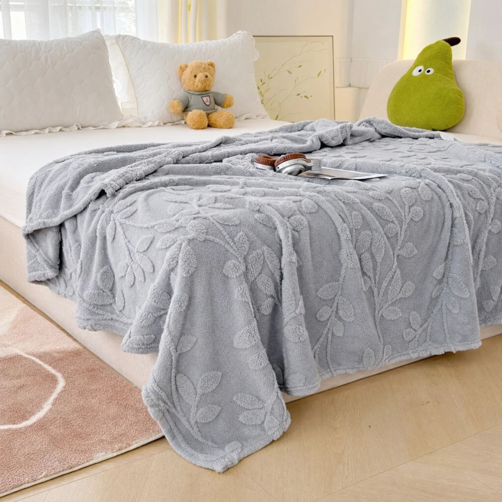 Reversible Sherpa Throw Blanket with Jacquard Botanical Pattern for Couch & Bed | Thomler