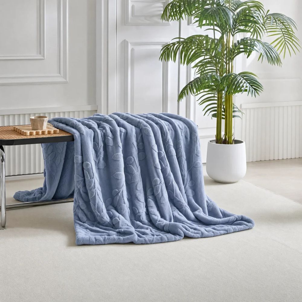 Reversible Sherpa Throw Blanket with Jacquard Botanical Pattern for Couch & Bed | Thomler