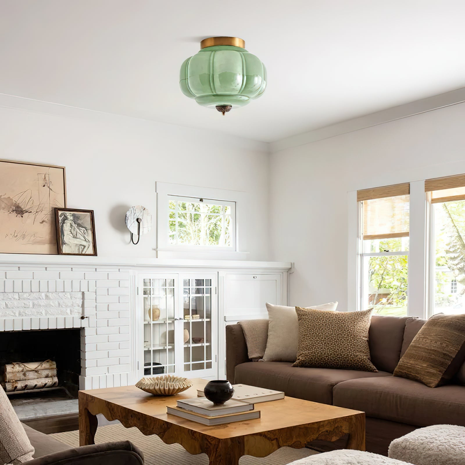 Ceiling Lamp Glass 14.9 in Jade Green Small Room Hardwired E26 E27 Fixture | Thomler