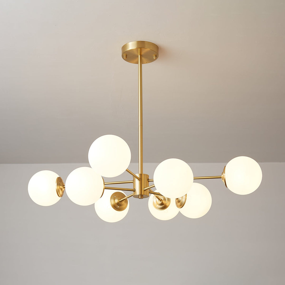 Brass Globe Chandelier with White Glass Spheres – Modern Tiered Ceiling Light for Dining Room & Entryway | Thomler