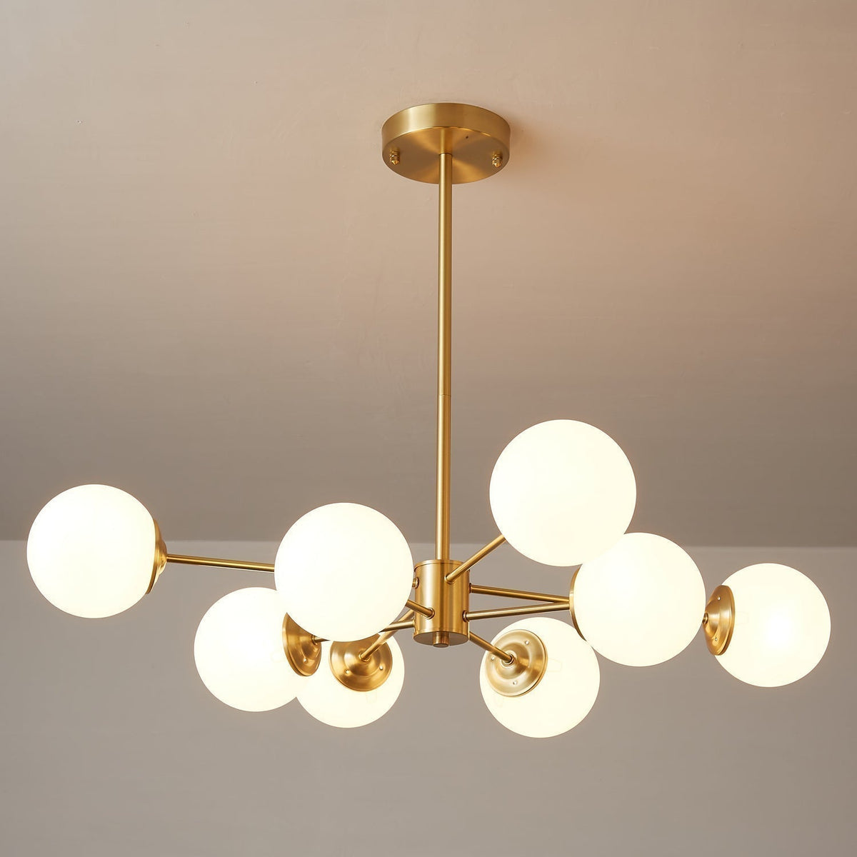 Brass Globe Chandelier with White Glass Spheres – Modern Tiered Ceiling Light for Dining Room & Entryway | Thomler