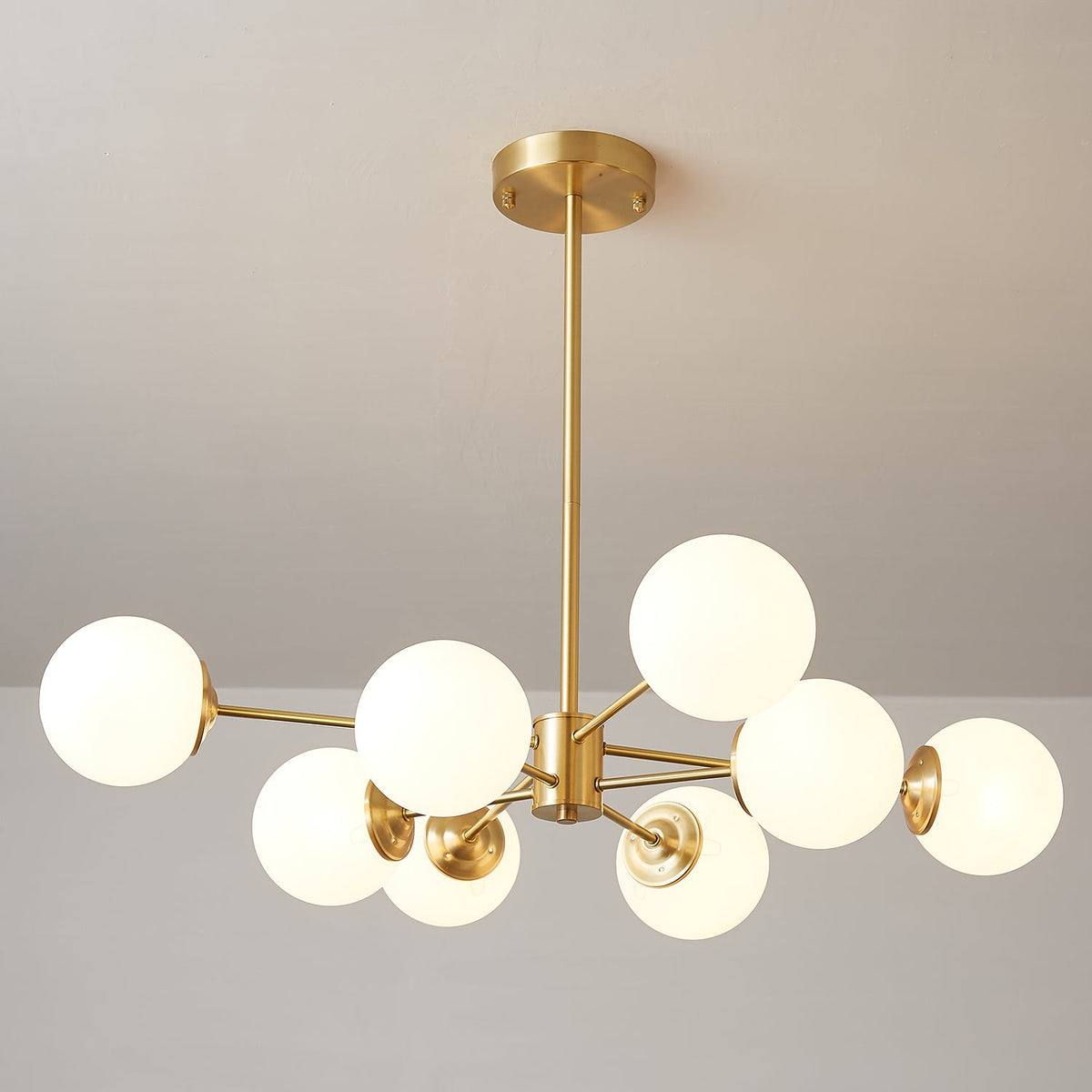 Brass Globe Chandelier with White Glass Spheres – Modern Tiered Ceiling Light for Dining Room & Entryway | Thomler