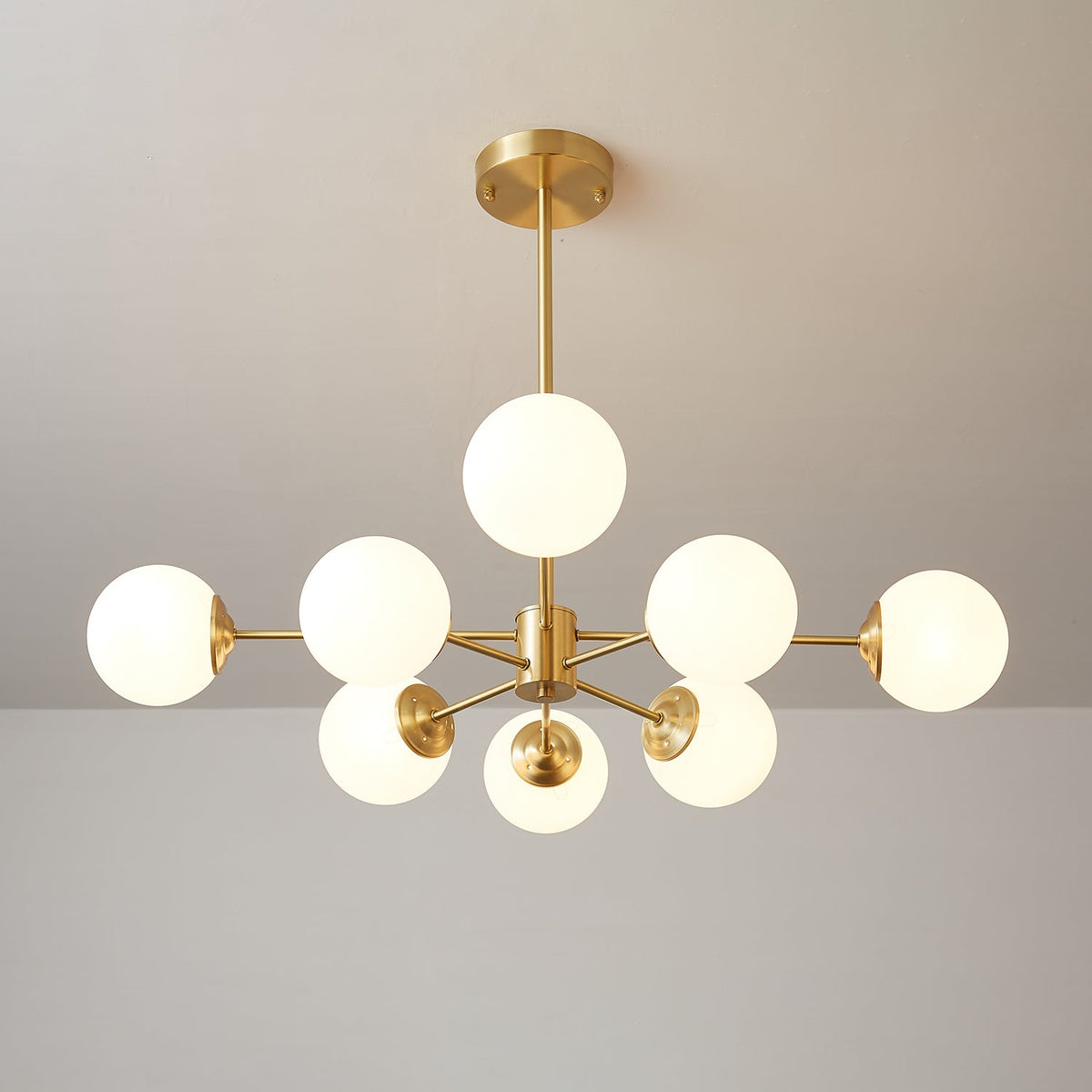 Brass Globe Chandelier with White Glass Spheres – Modern Tiered Ceiling Light for Dining Room & Entryway | Thomler