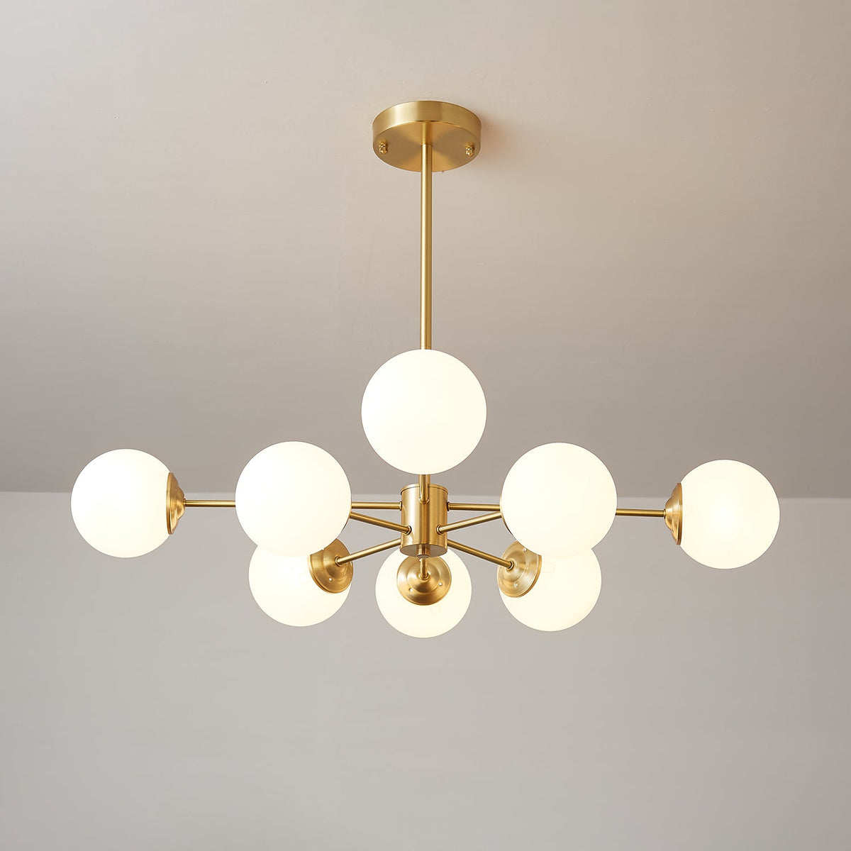 Brass Globe Chandelier with White Glass Spheres – Modern Tiered Ceiling Light for Dining Room & Entryway | Thomler