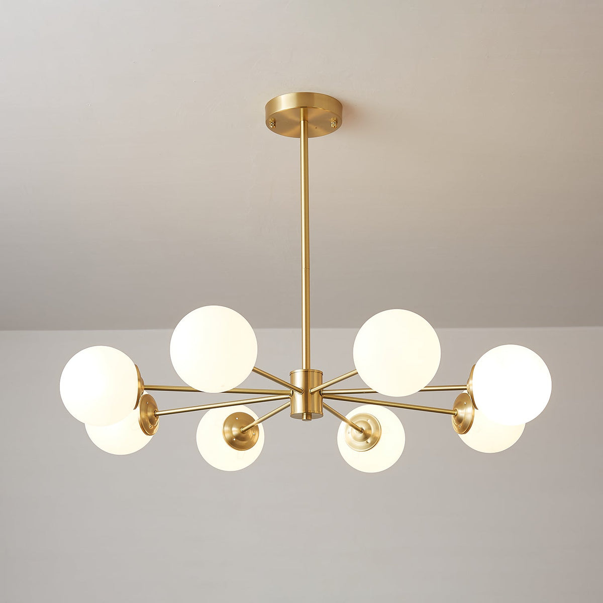 Brass Globe Chandelier with White Glass Spheres – Modern Tiered Ceiling Light for Dining Room & Entryway | Thomler