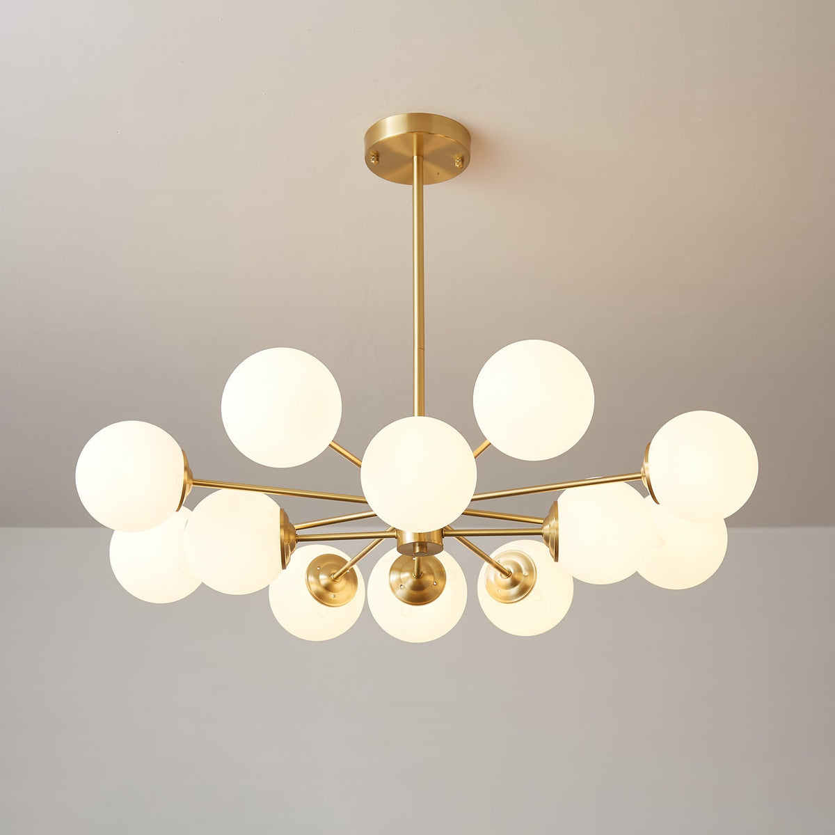 Brass Globe Chandelier with White Glass Spheres – Modern Tiered Ceiling Light for Dining Room & Entryway | Thomler
