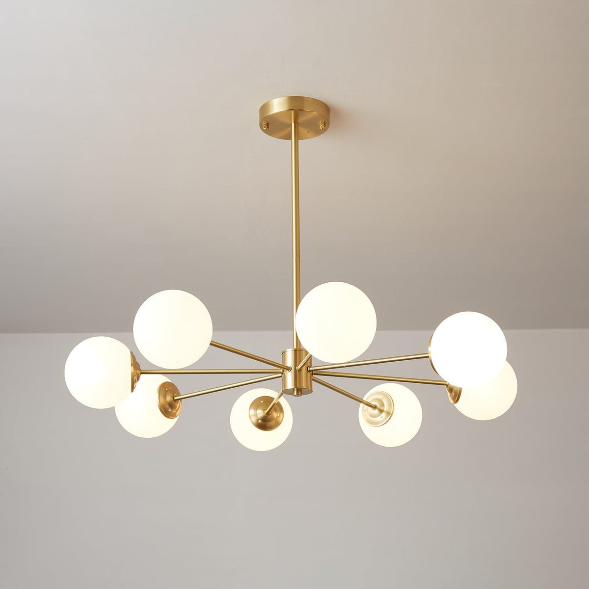 Brass Globe Chandelier with White Glass Spheres – Modern Tiered Ceiling Light for Dining Room & Entryway | Thomler