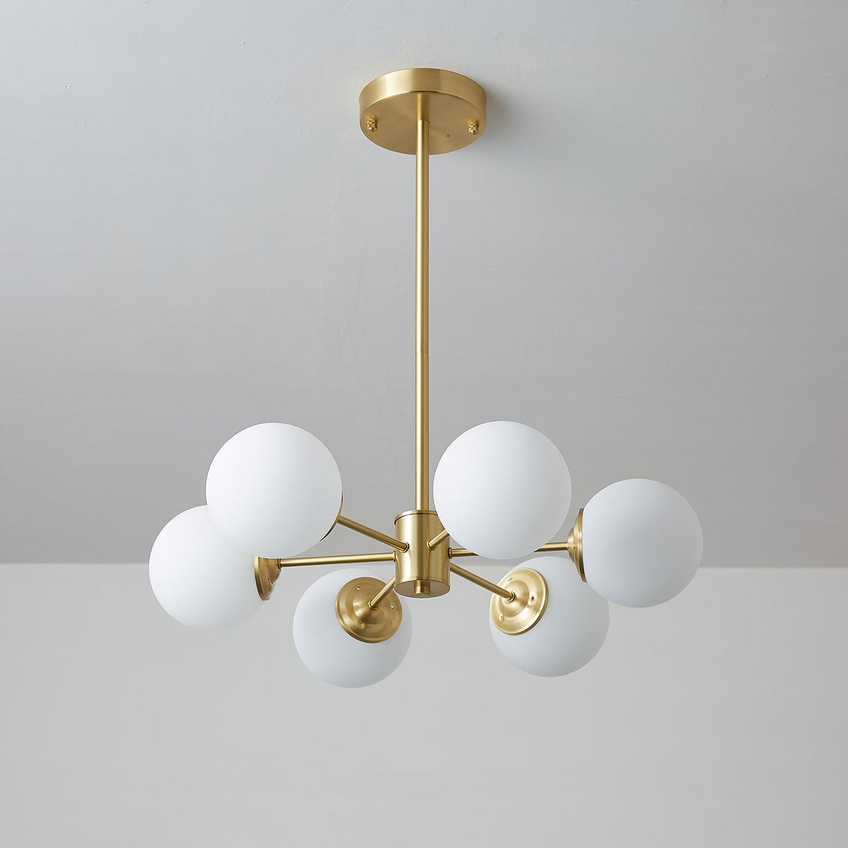 Brass Globe Chandelier with White Glass Spheres – Modern Tiered Ceiling Light for Dining Room & Entryway | Thomler