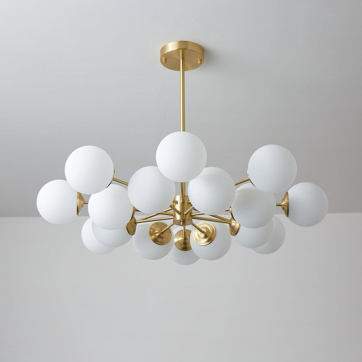 Brass Globe Chandelier with White Glass Spheres – Modern Tiered Ceiling Light for Dining Room & Entryway | Thomler