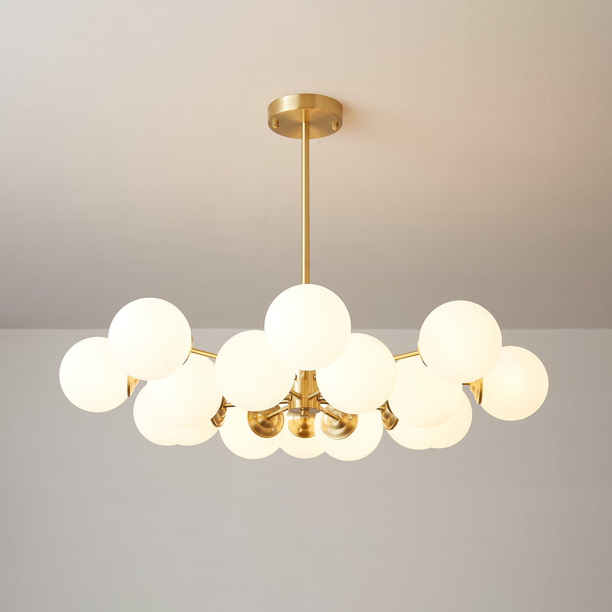 Brass Globe Chandelier with White Glass Spheres – Modern Tiered Ceiling Light for Dining Room & Entryway | Thomler