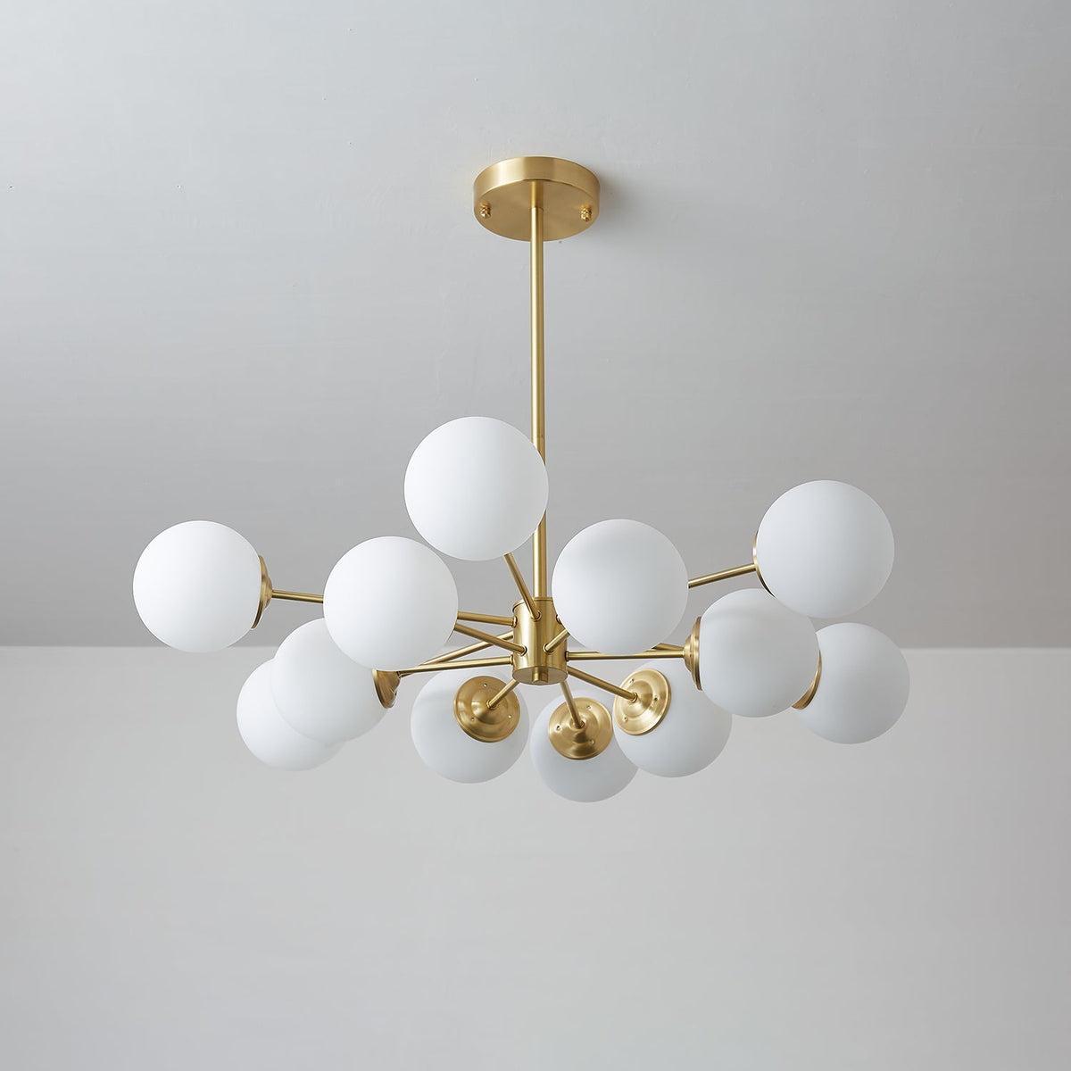 Brass Globe Chandelier with White Glass Spheres – Modern Tiered Ceiling Light for Dining Room & Entryway | Thomler