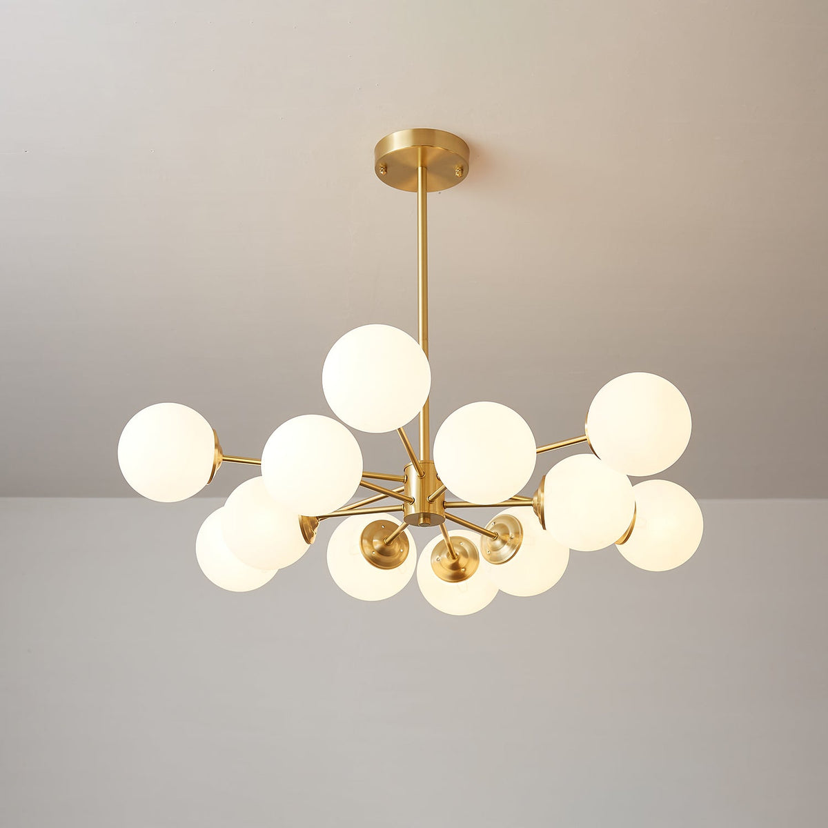 Brass Globe Chandelier with White Glass Spheres – Modern Tiered Ceiling Light for Dining Room & Entryway | Thomler