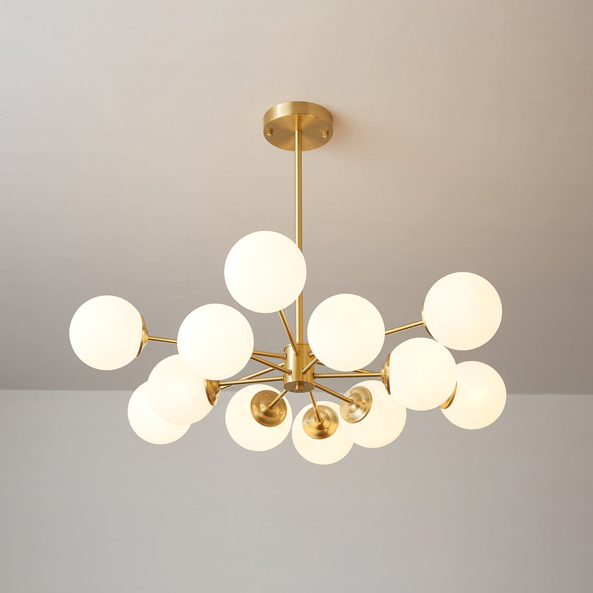 Brass Globe Chandelier with White Glass Spheres – Modern Tiered Ceiling Light for Dining Room & Entryway | Thomler