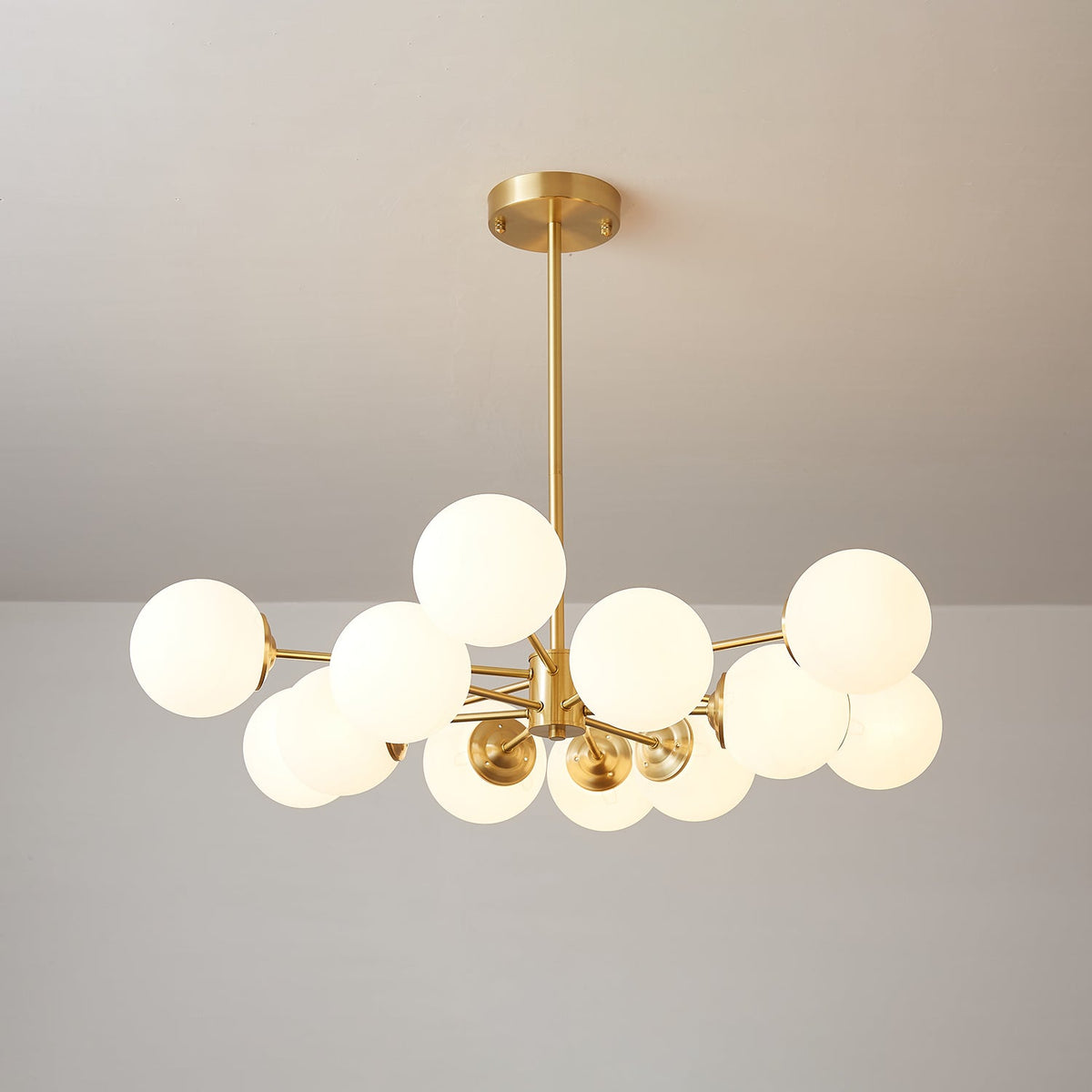 Brass Globe Chandelier with White Glass Spheres – Modern Tiered Ceiling Light for Dining Room & Entryway | Thomler