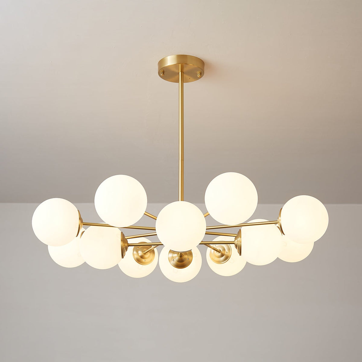 Brass Globe Chandelier with White Glass Spheres – Modern Tiered Ceiling Light for Dining Room & Entryway | Thomler