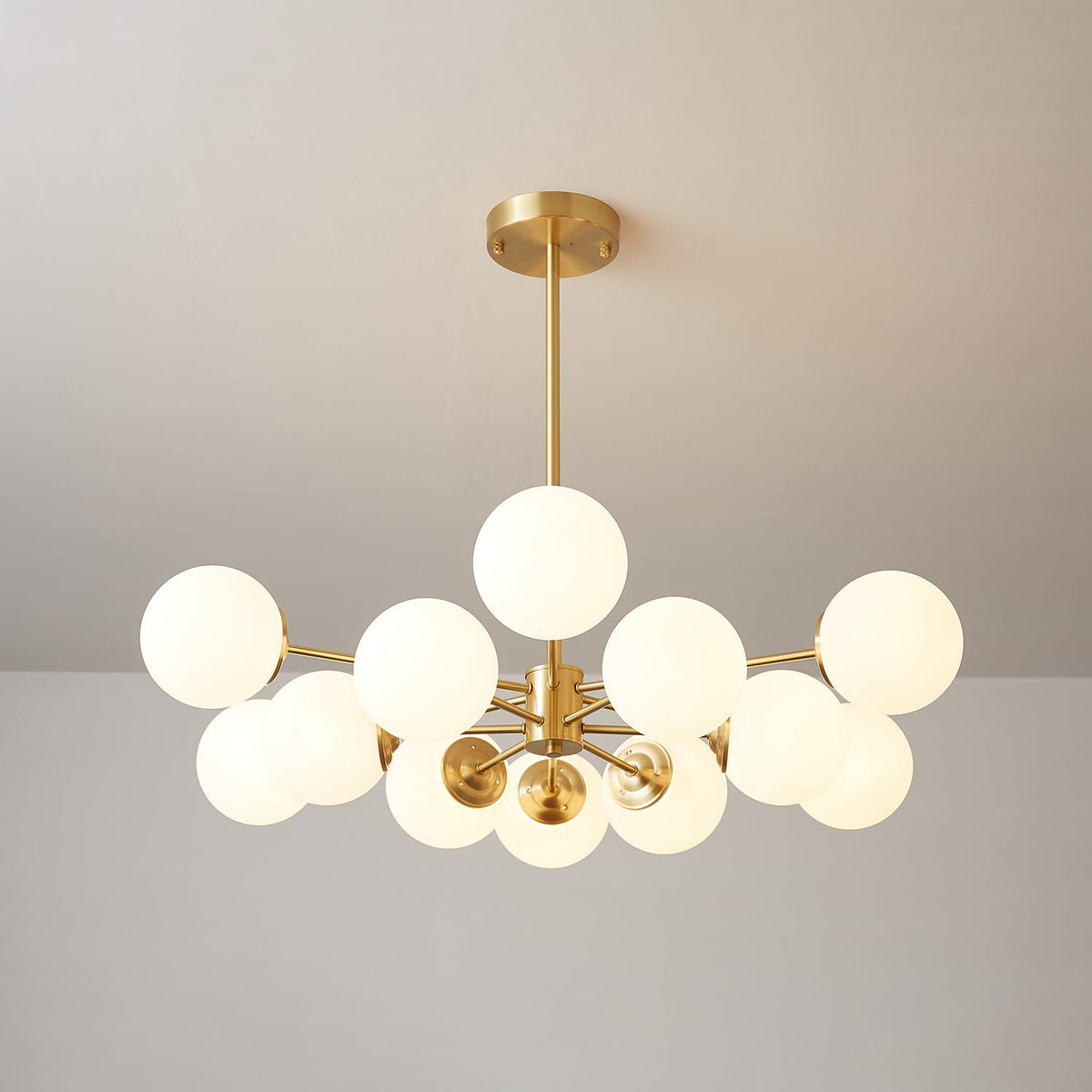 Brass Globe Chandelier with White Glass Spheres – Modern Tiered Ceiling Light for Dining Room & Entryway | Thomler