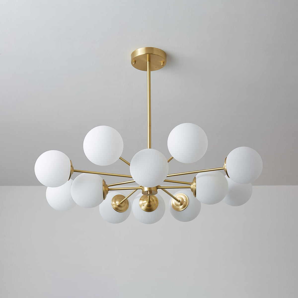 Brass Globe Chandelier with White Glass Spheres – Modern Tiered Ceiling Light for Dining Room & Entryway | Thomler