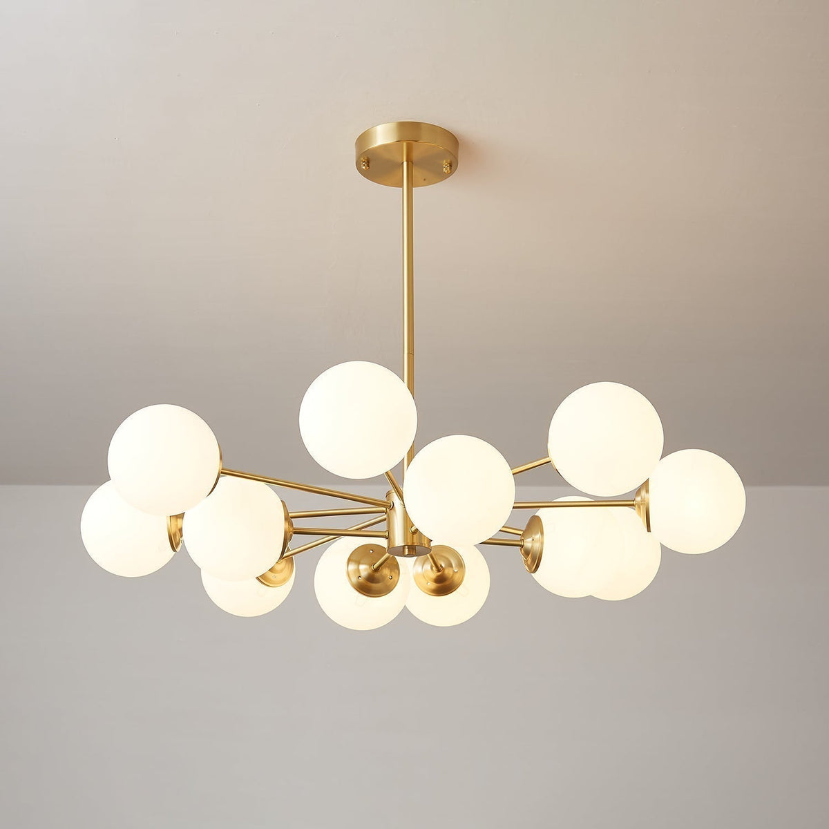Brass Globe Chandelier with White Glass Spheres – Modern Tiered Ceiling Light for Dining Room & Entryway | Thomler