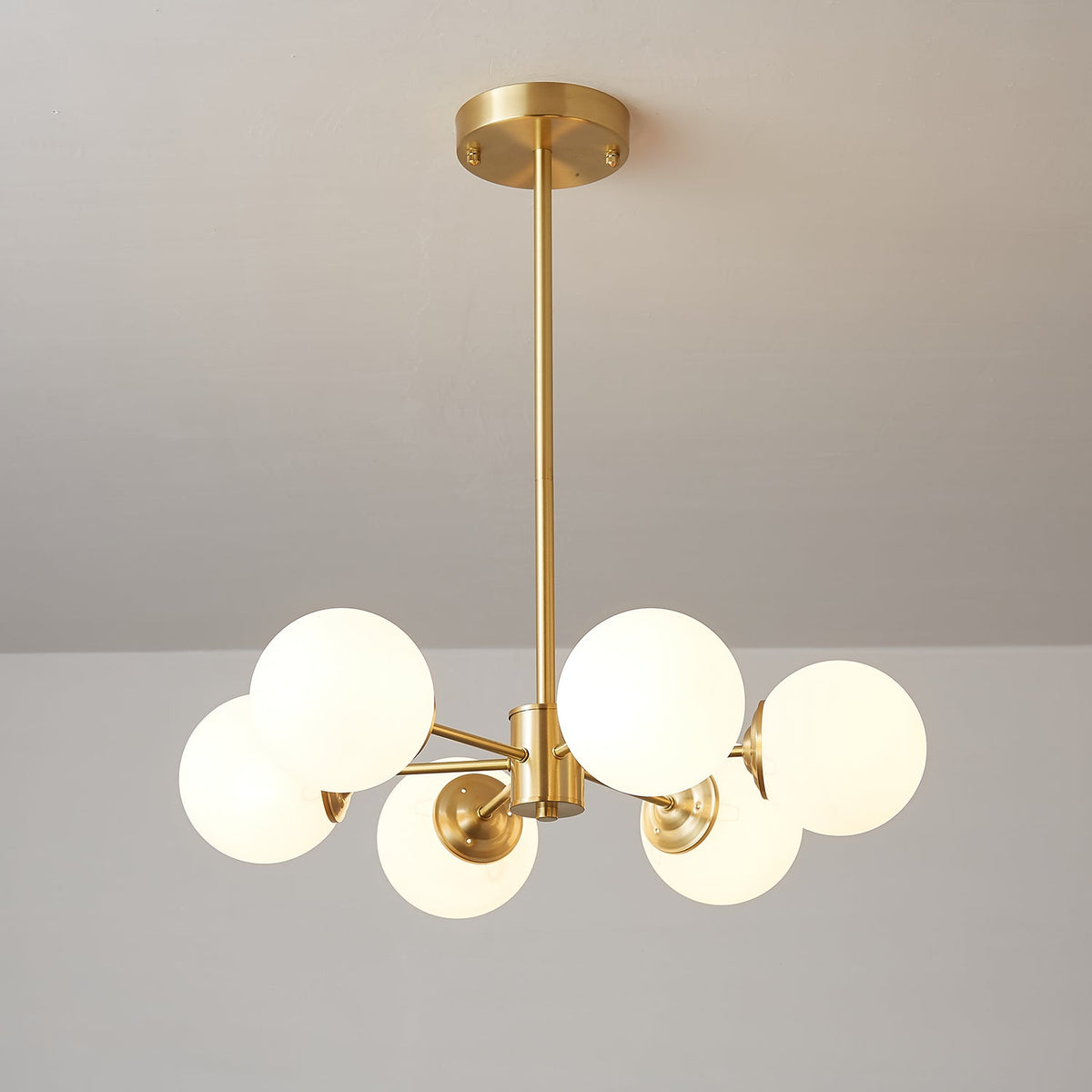 Brass Globe Chandelier with White Glass Spheres – Modern Tiered Ceiling Light for Dining Room & Entryway | Thomler