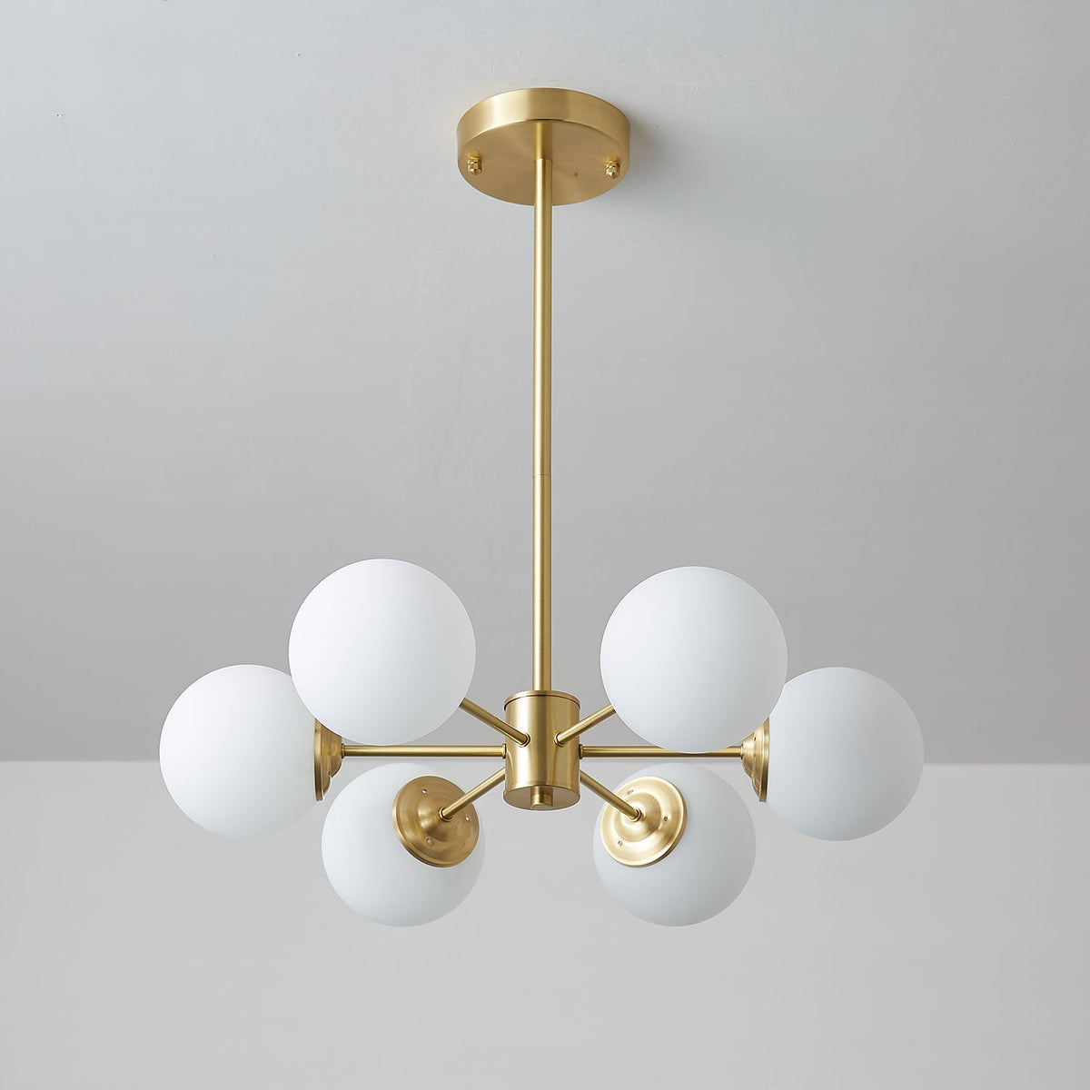 Brass Globe Chandelier with White Glass Spheres – Modern Tiered Ceiling Light for Dining Room & Entryway | Thomler