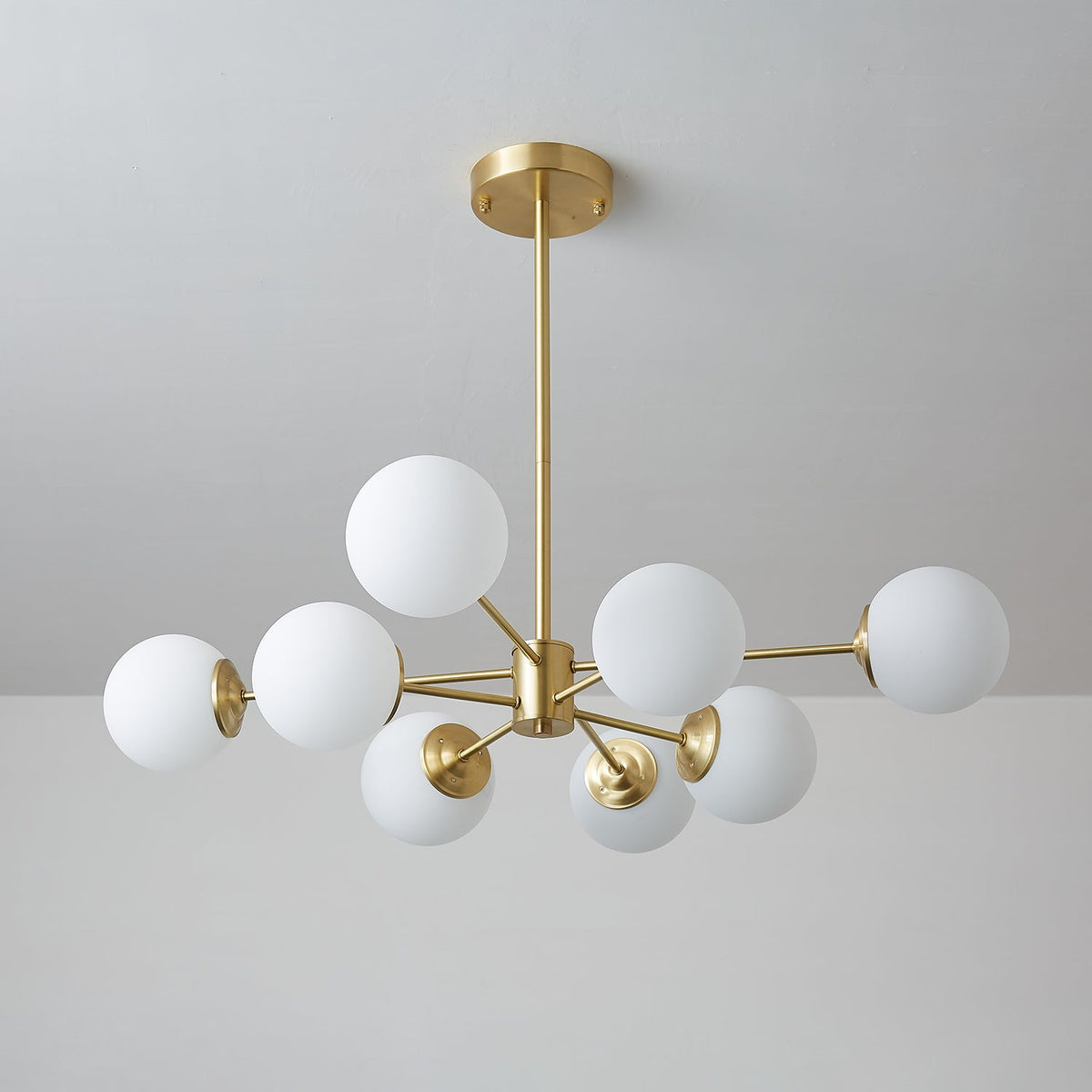 Brass Globe Chandelier with White Glass Spheres – Modern Tiered Ceiling Light for Dining Room & Entryway | Thomler