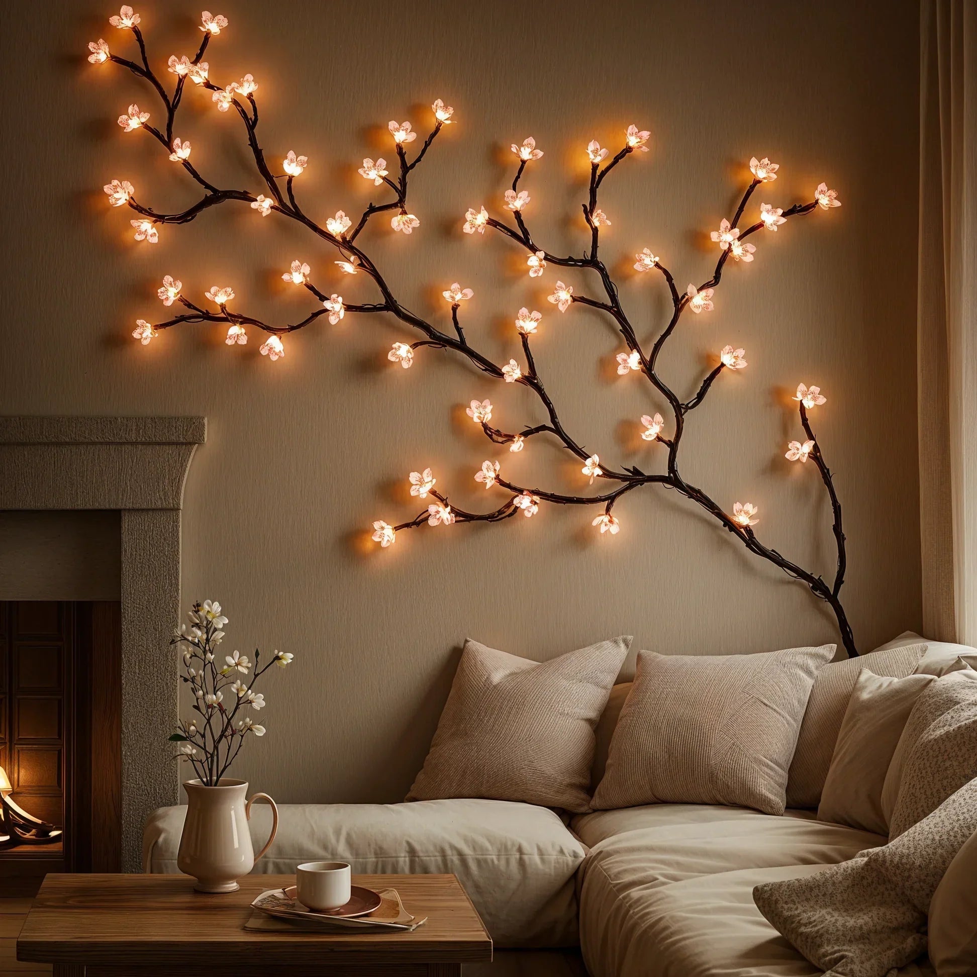 Pink Cherry Blossom LED String Light Vine for Indoor Home Decor – 63-Inch Hanging Floral Lights with 72 Warm White & Blush LEDs | Thomler