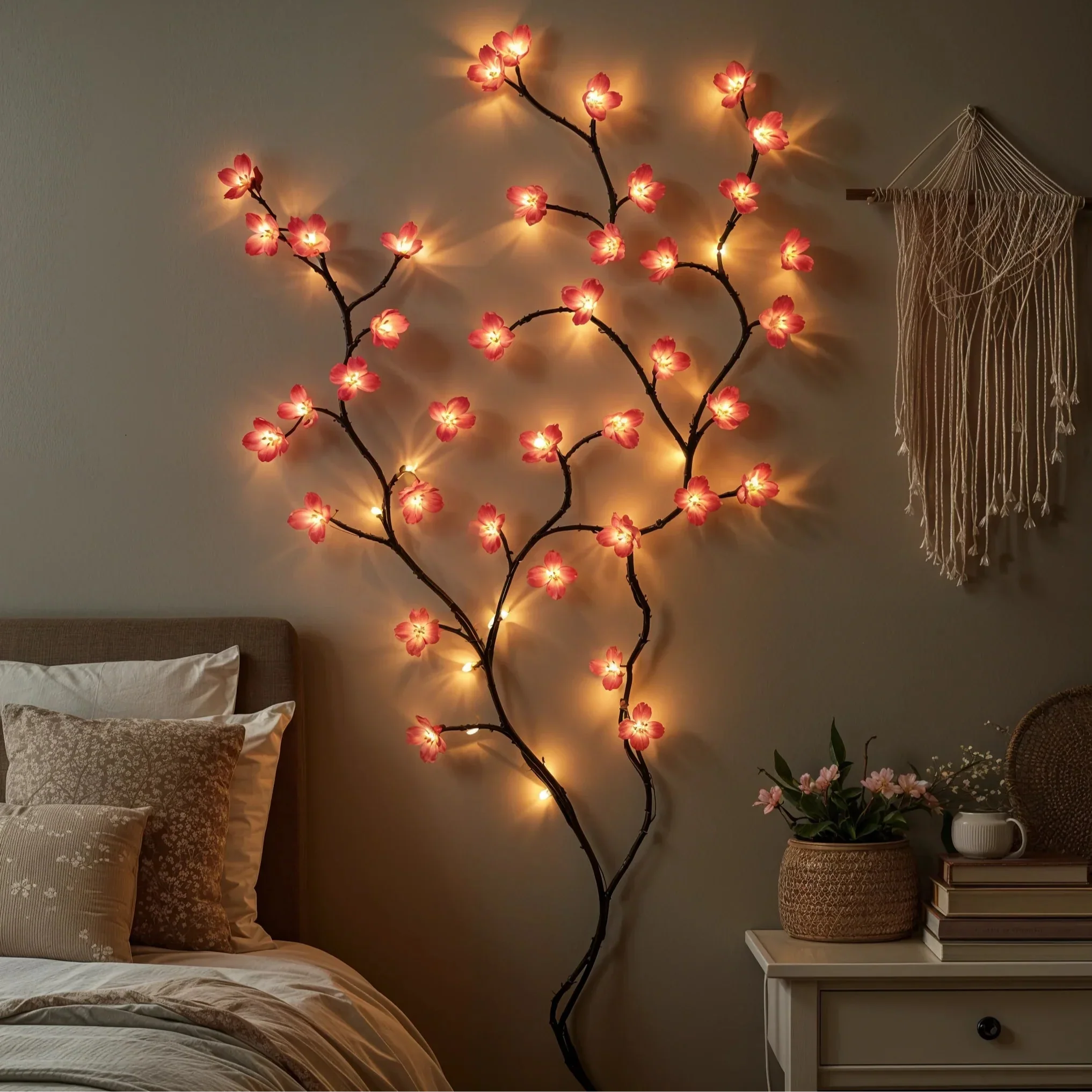 Pink Cherry Blossom LED String Light Vine for Indoor Home Decor – 63-Inch Hanging Floral Lights with 72 Warm White & Blush LEDs | Thomler