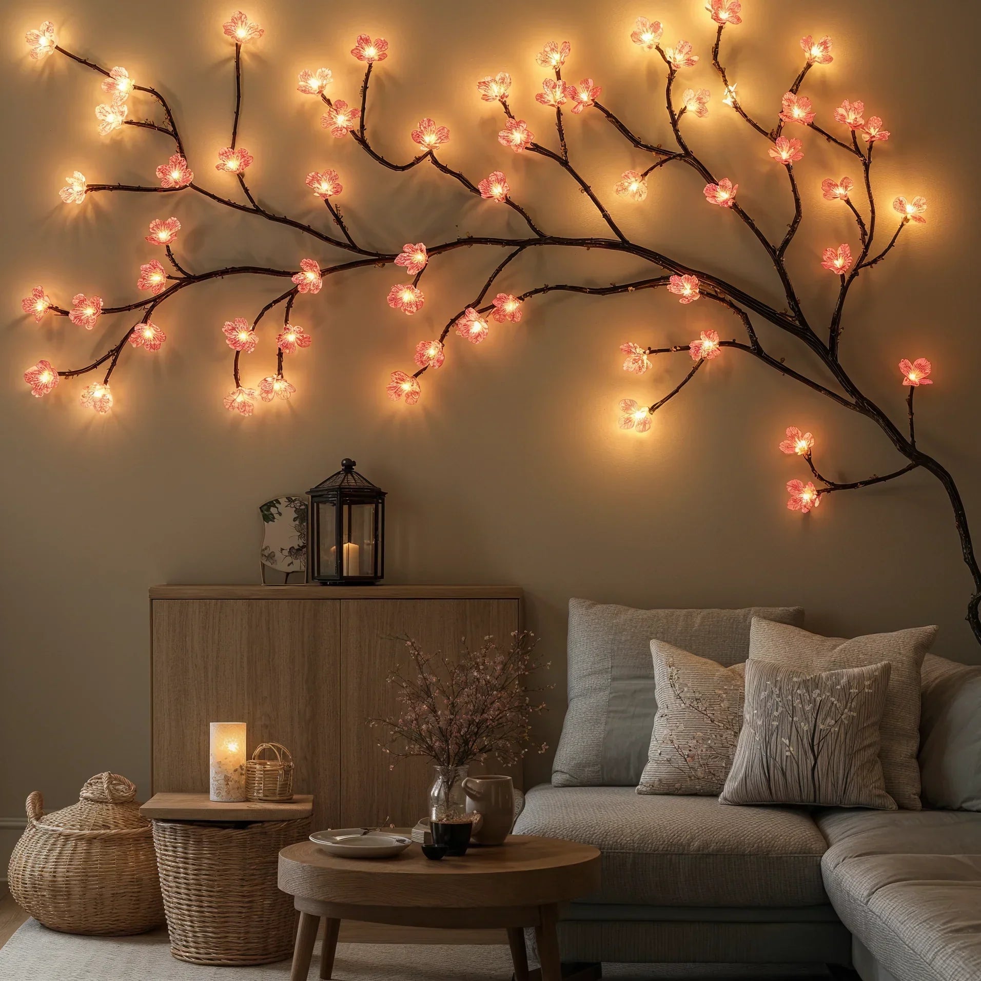 Pink Cherry Blossom LED String Light Vine for Indoor Home Decor – 63-Inch Hanging Floral Lights with 72 Warm White & Blush LEDs | Thomler