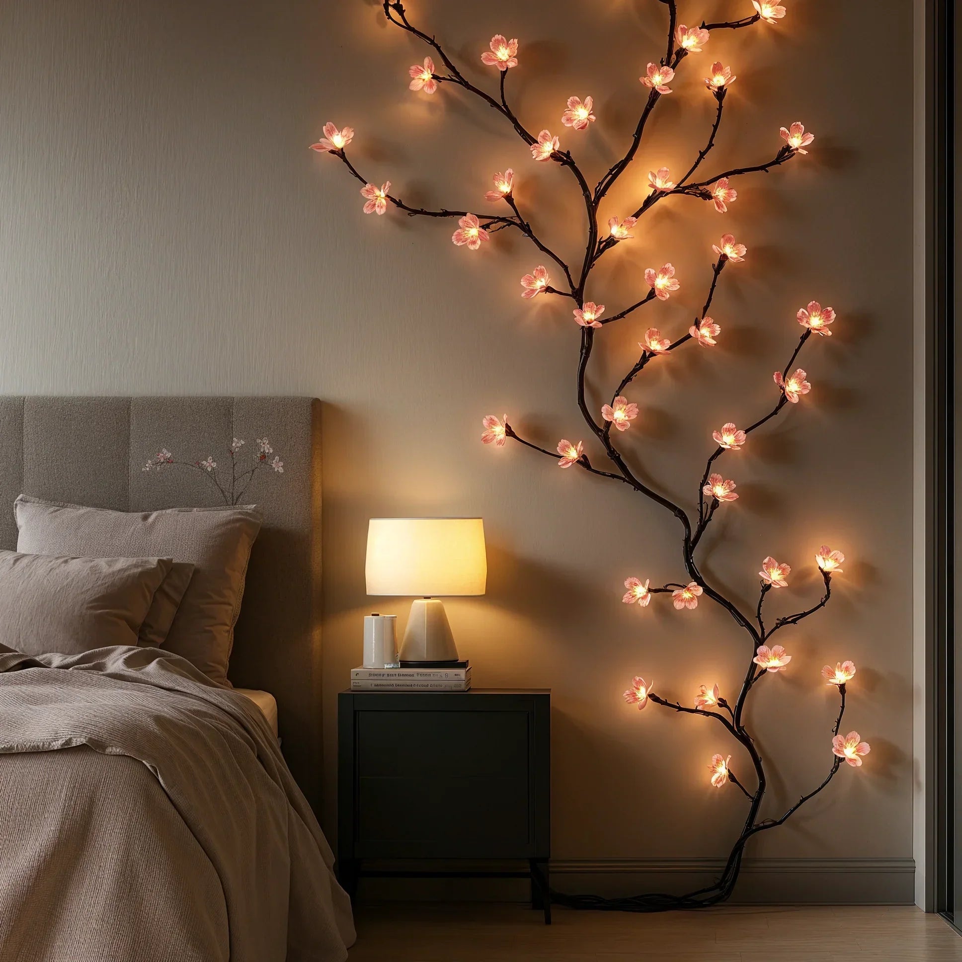 Pink Cherry Blossom LED String Light Vine for Indoor Home Decor – 63-Inch Hanging Floral Lights with 72 Warm White & Blush LEDs | Thomler
