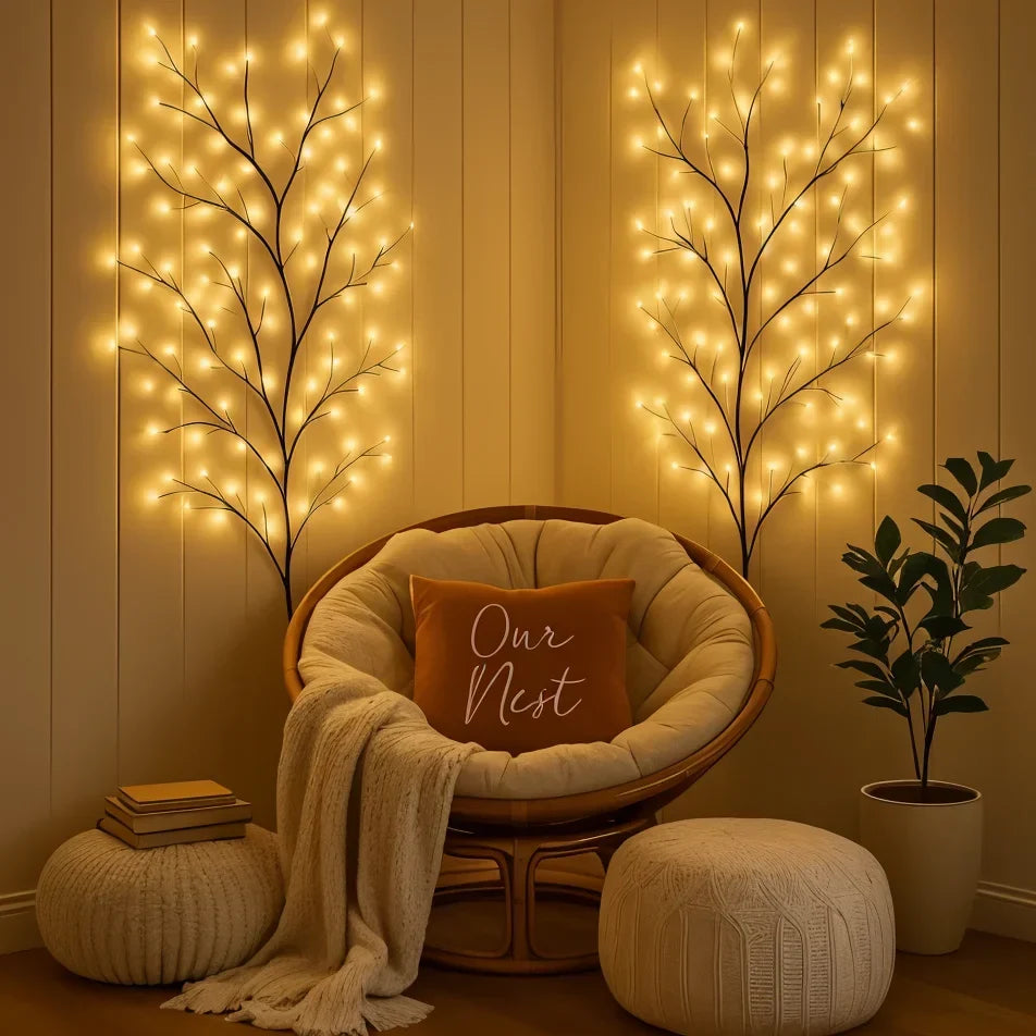 LED Lighted Willow Branch Wall Lamp Warm White Glow with Remote Dimmable Timer Indoor Accent Light for Living Room Bedroom Decor Home | Thomler