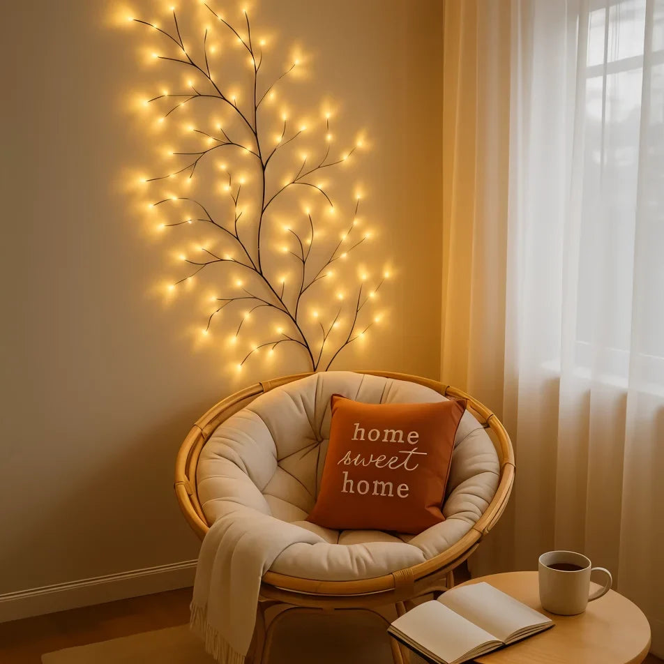 LED Lighted Willow Branch Wall Lamp Warm White Glow with Remote Dimmable Timer Indoor Accent Light for Living Room Bedroom Decor Home | Thomler