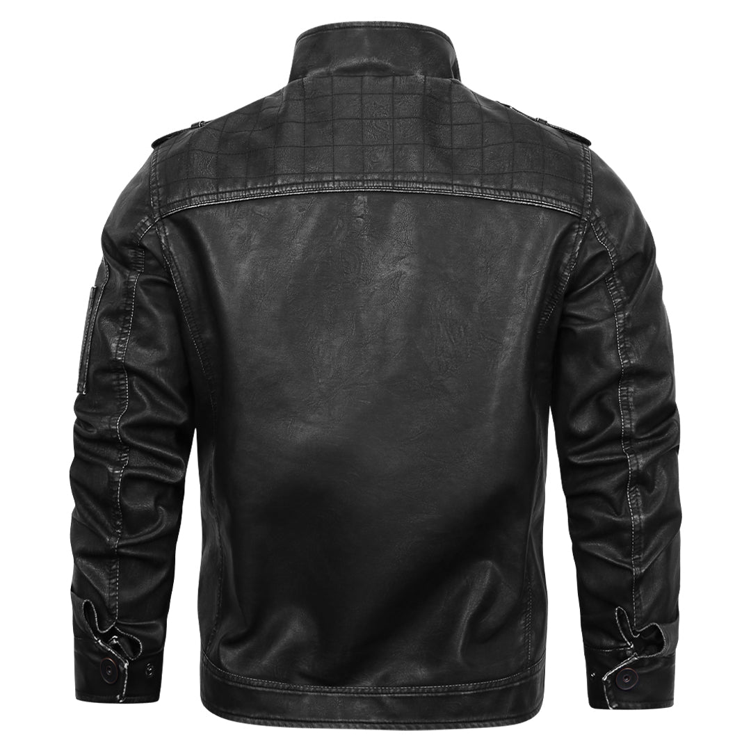 Faux Leather Motorcycle Jacket with Embroidered Details for Men – Black Biker Style Outerwear | Thomler