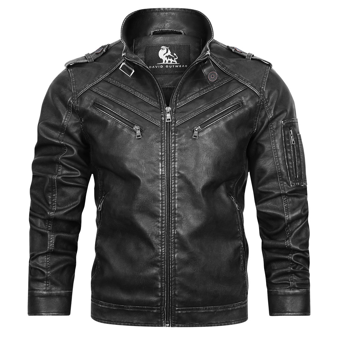 Faux Leather Motorcycle Jacket with Embroidered Details for Men – Black Biker Style Outerwear | Thomler