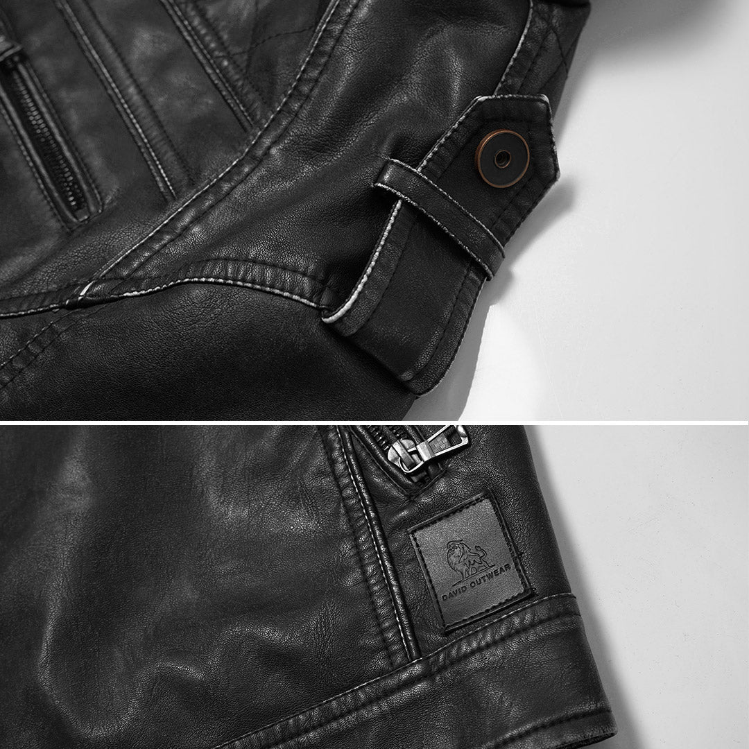 Faux Leather Motorcycle Jacket with Embroidered Details for Men – Black Biker Style Outerwear | Thomler