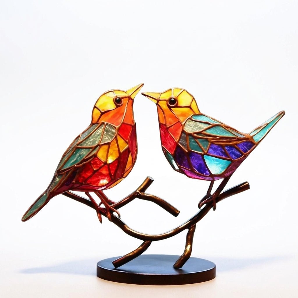 Handblown Glass Birds on Branch Desktop Figurine – Nature-Inspired Art Decor for Office & Home | Thomler